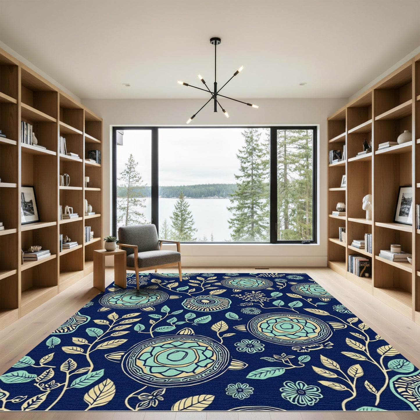 Navy Teal Botanical Turtle Garden Rug