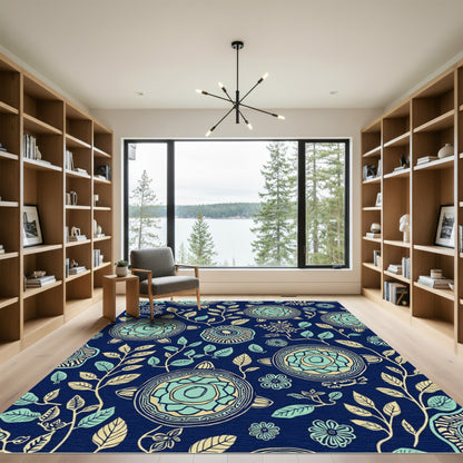 Navy Teal Botanical Turtle Garden Rug