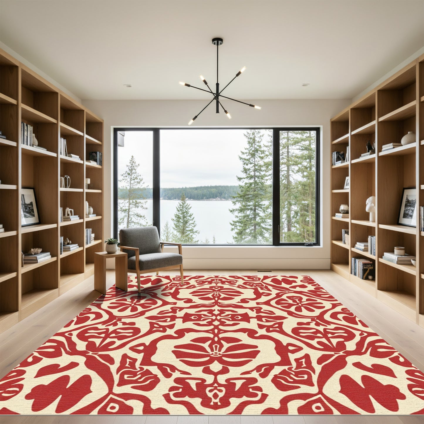 Crimson Ivory Damask Floral Rug