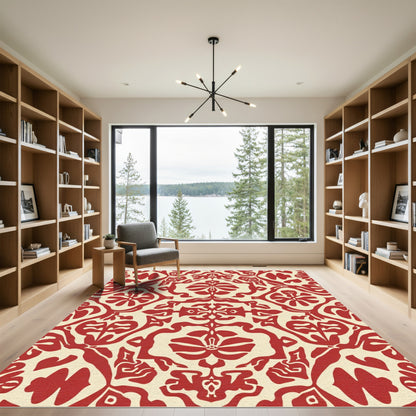 Crimson Ivory Damask Floral Rug