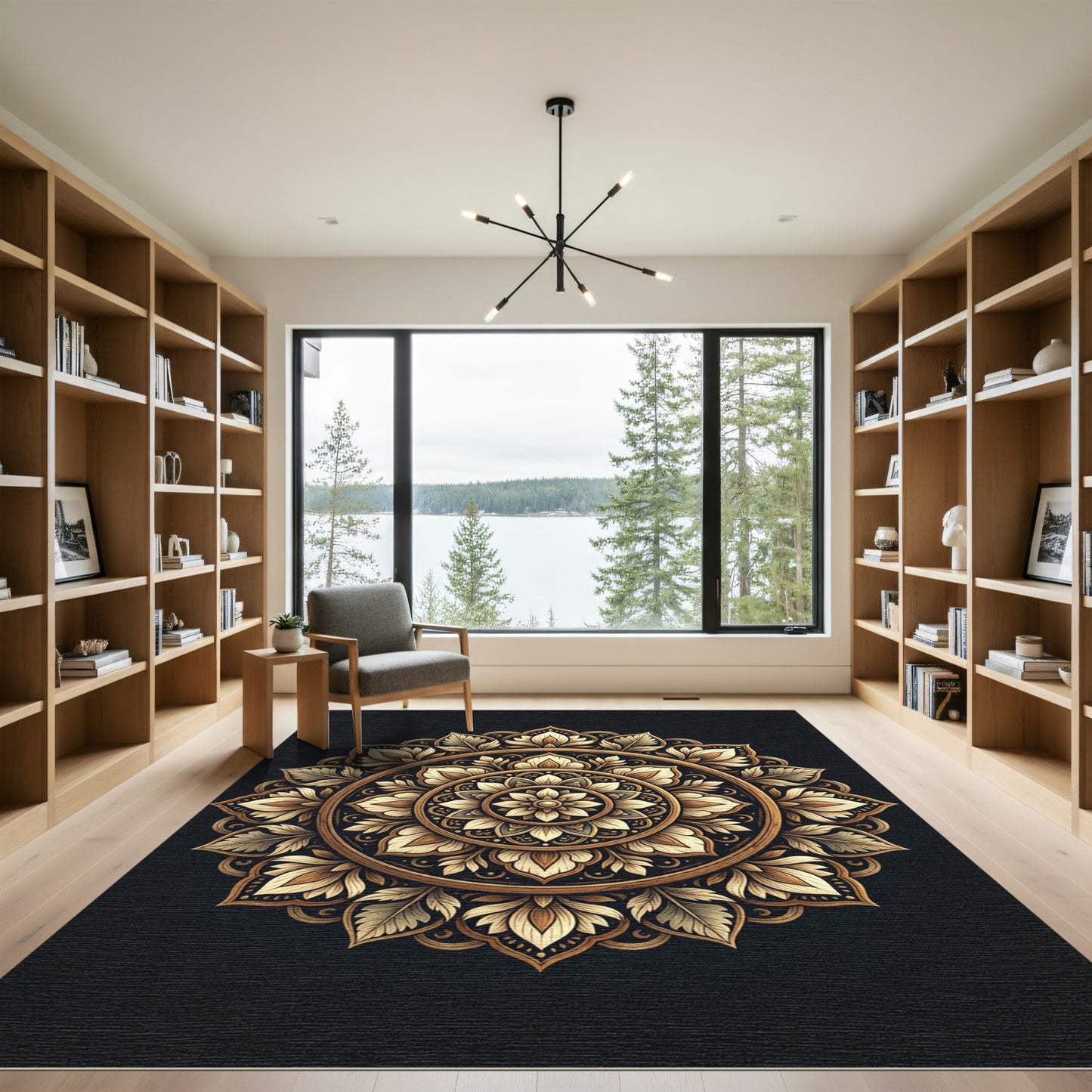 Elegant Golden Floral Mandala Medallion Rug