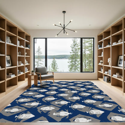 Deep Blue Whimsical Fish Diamond Arrangement Rug