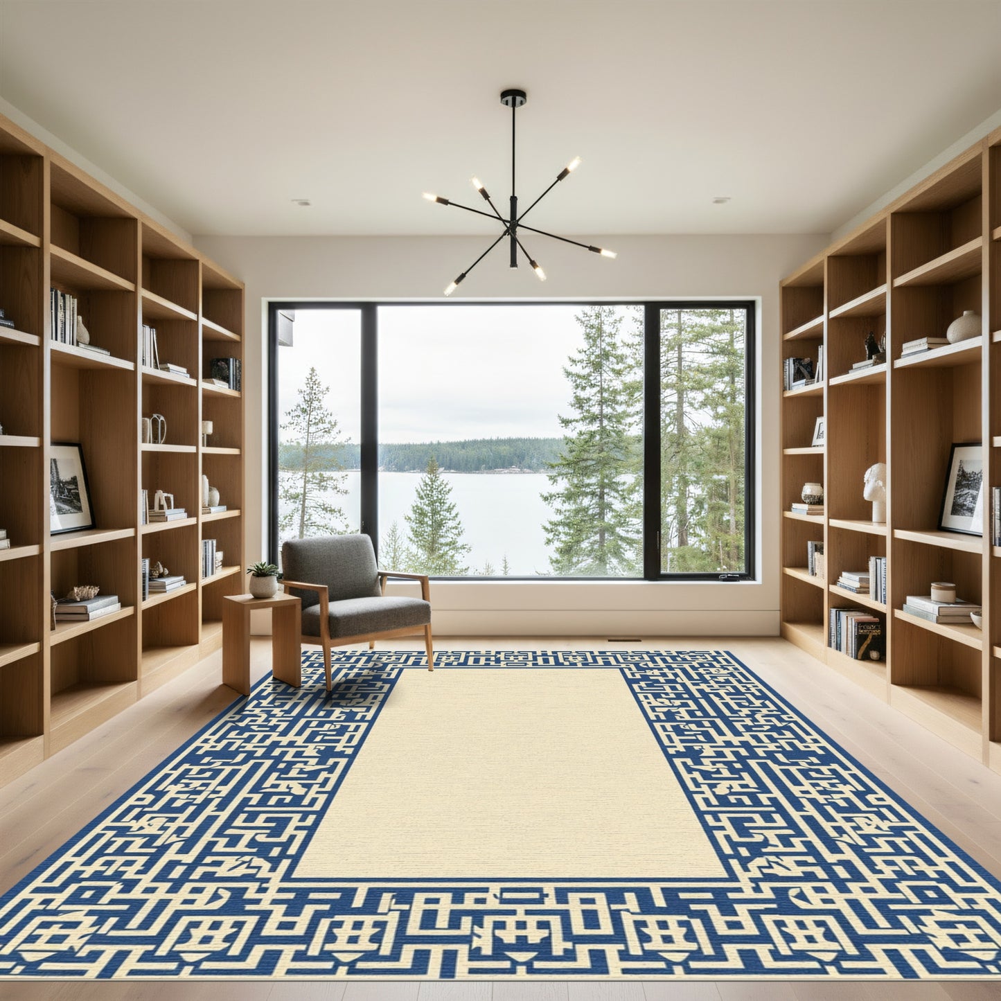 Navy Cream Maze Frame Rug