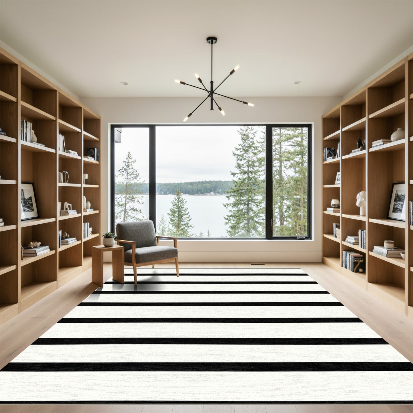 Minimalist Black White Linear Composition Rug