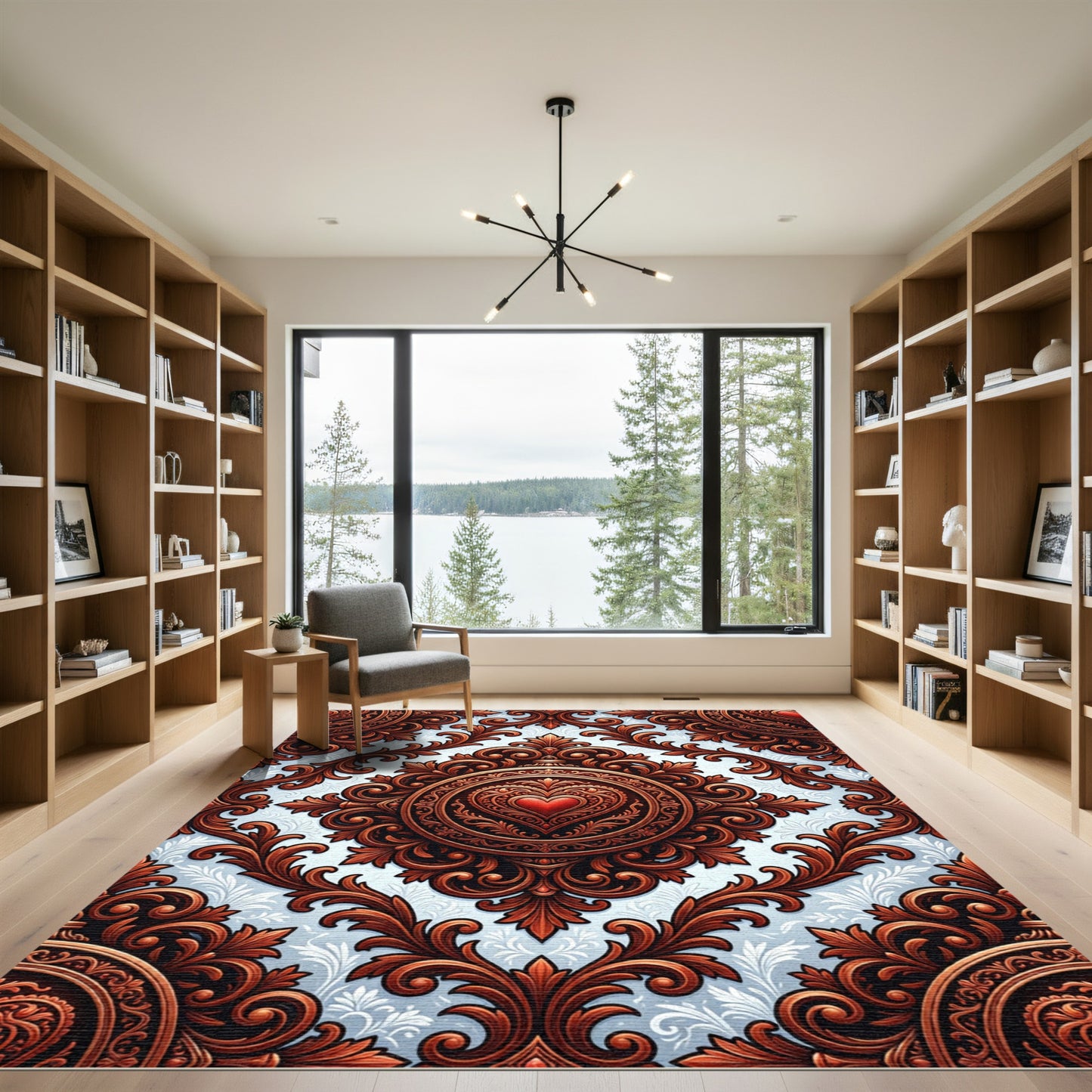 Ornate Crimson Heart Damask Medallion Rug