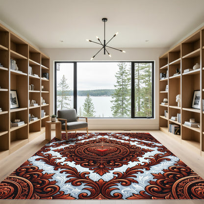 Ornate Crimson Heart Damask Medallion Rug