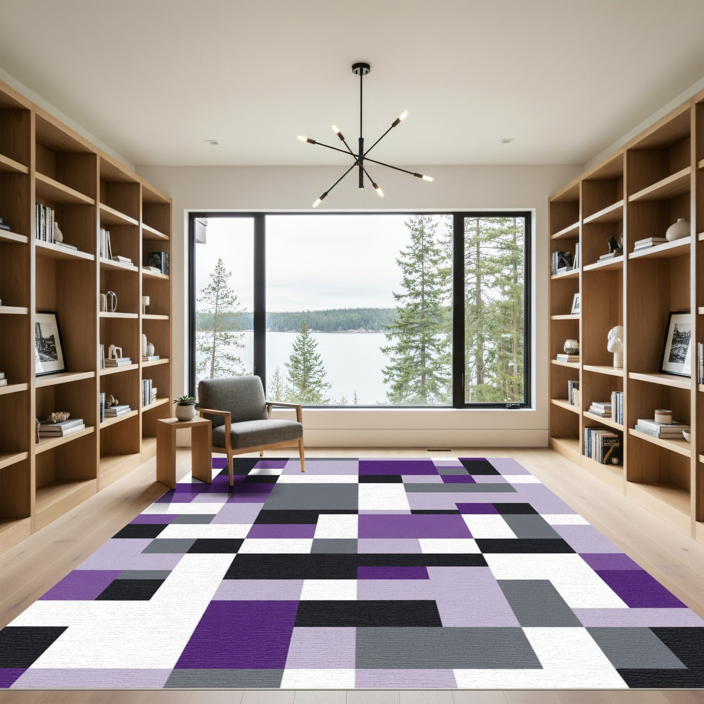 Modern Geometric Purple Gray Blocks Rug