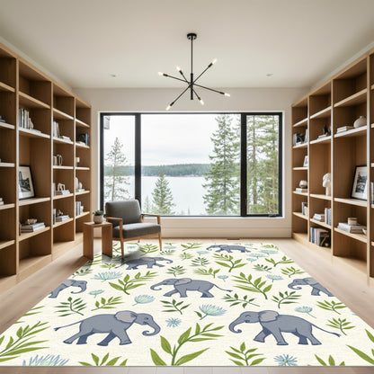 Playful Gray Elephants Green Foliage Garden Rug
