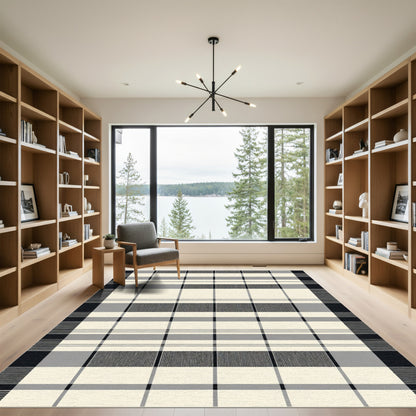 Classic Cream Black Plaid Blocks Rug