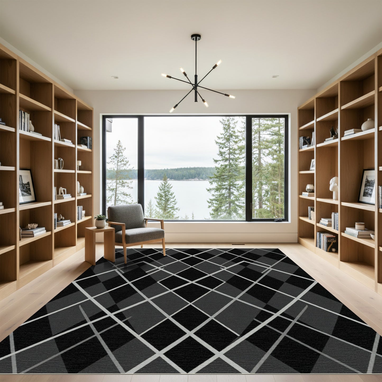 Sophisticated Charcoal Gray Argyle Geometric Line Rug