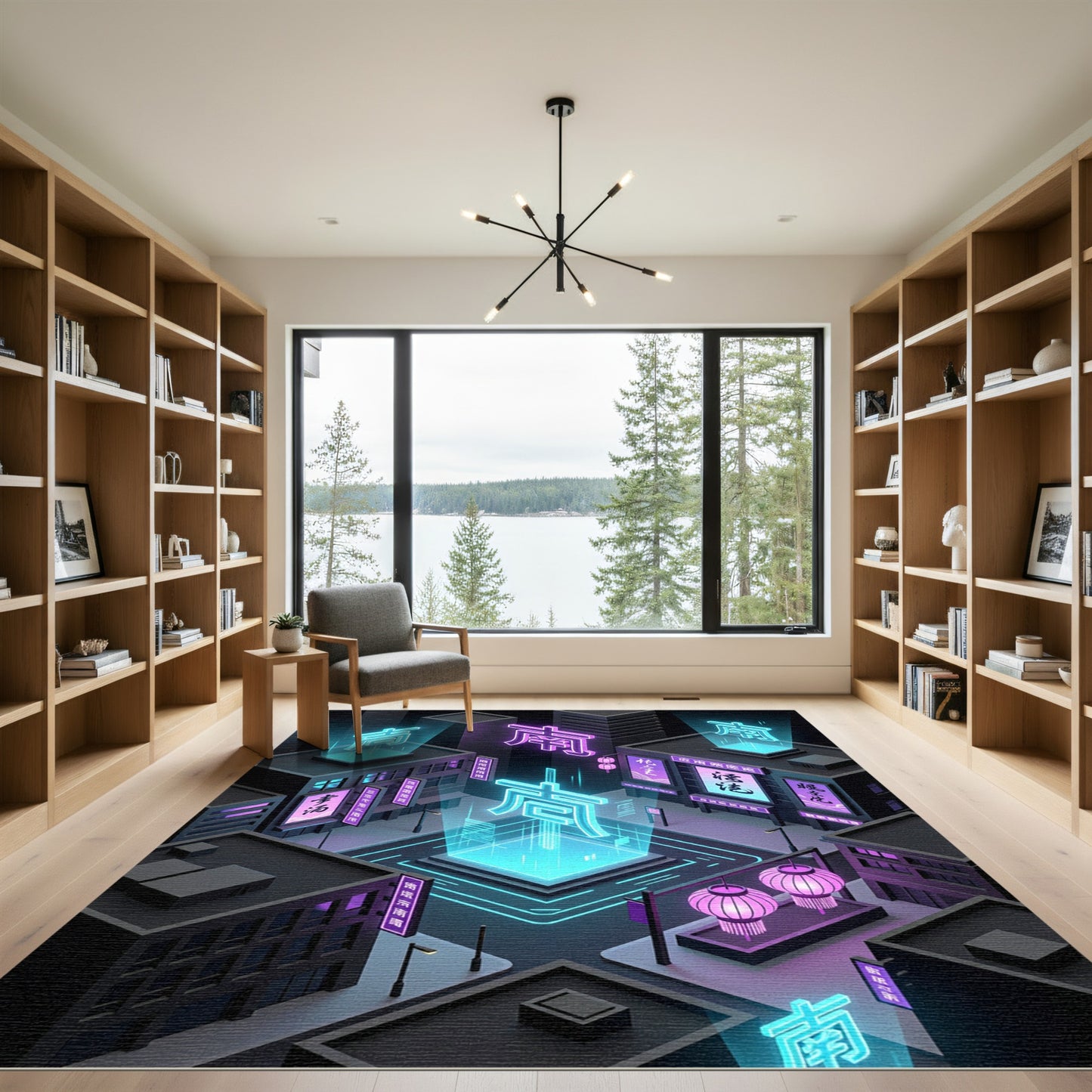 Neon Cyberpunk Floating Kanji Cityscape Rug