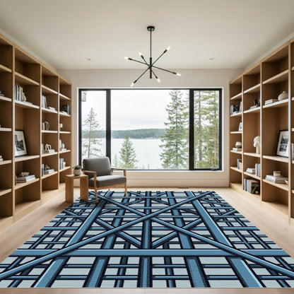 Industrial Steel Blue Architectural Grid Rug