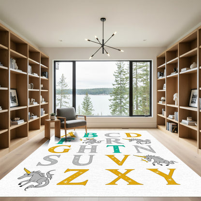 Yellow Gray Teal Unicorn Alphabet Rug