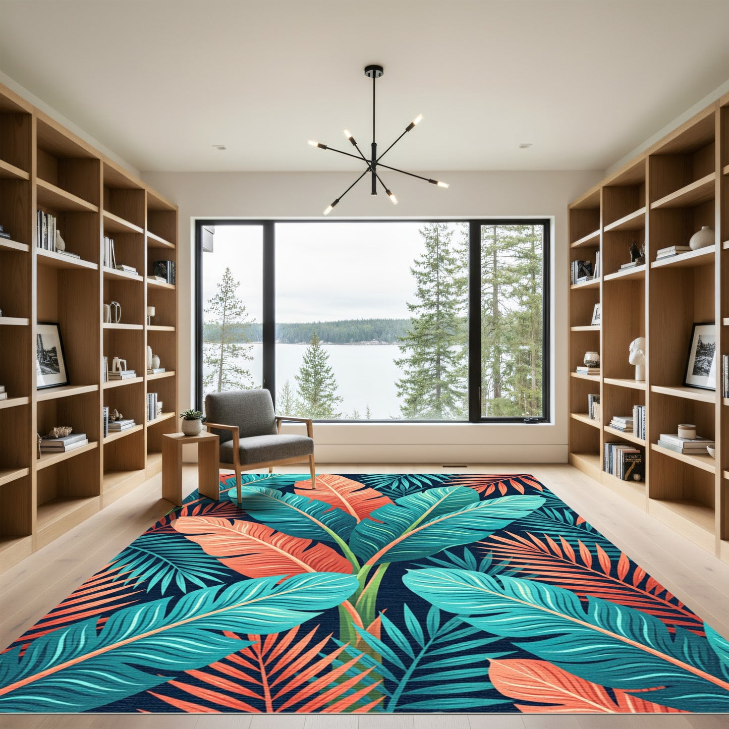 Vibrant Tropical Teal and Coral Foliage Rug