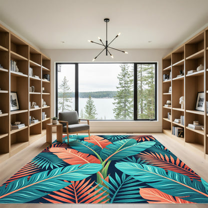 Vibrant Tropical Teal and Coral Foliage Rug