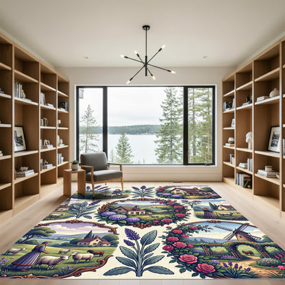 Pastoral Lavender Rose Cottage Countryside Collage Rug