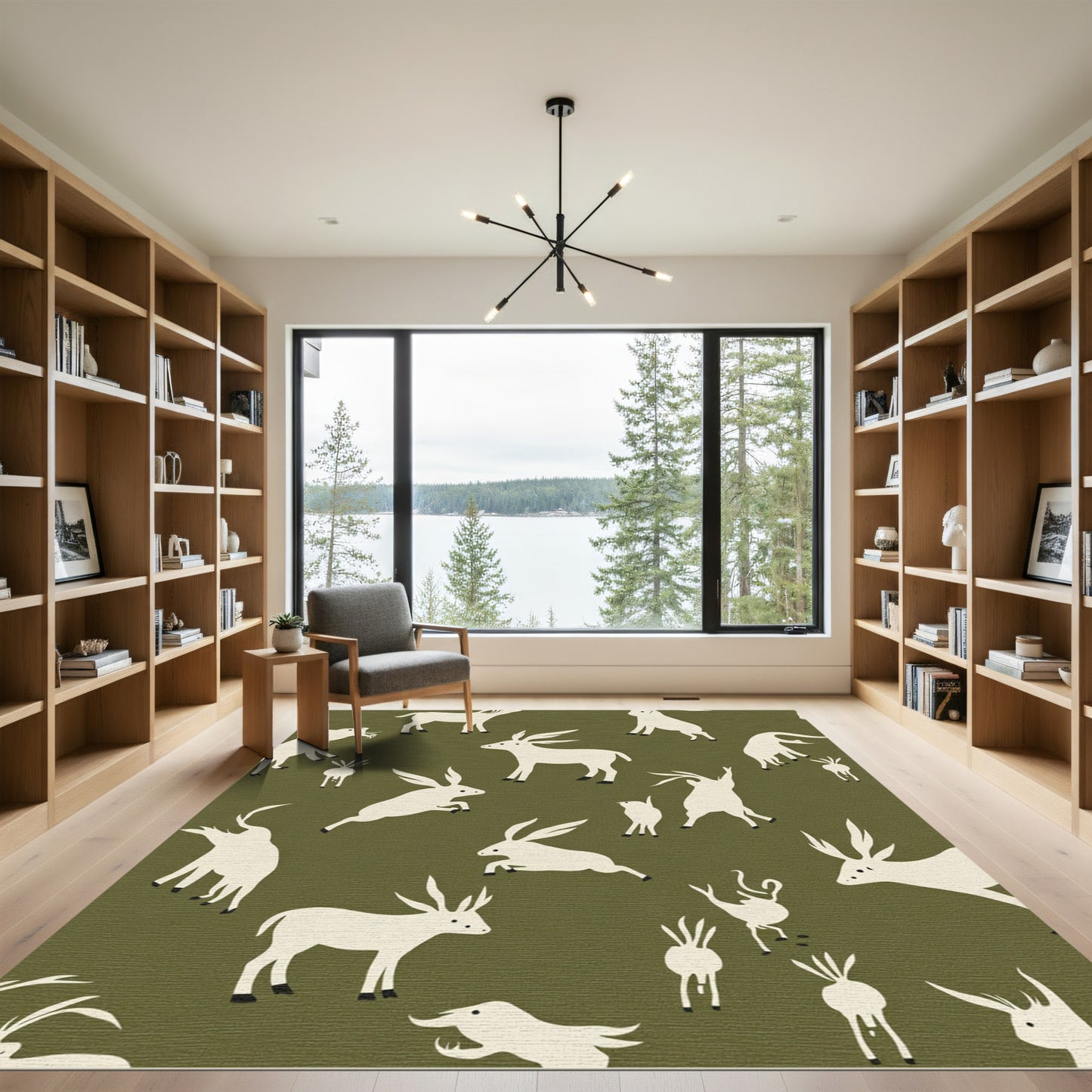Woodland Creatures Olive Green Field Rug