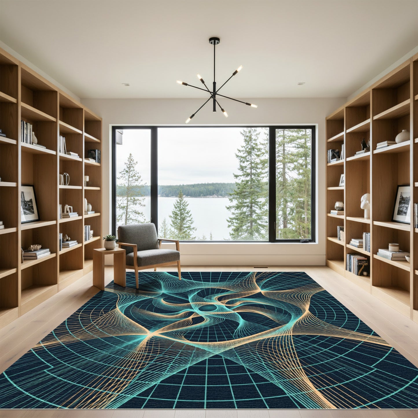 Cosmic Teal and Gold Swirling Fractal Rug