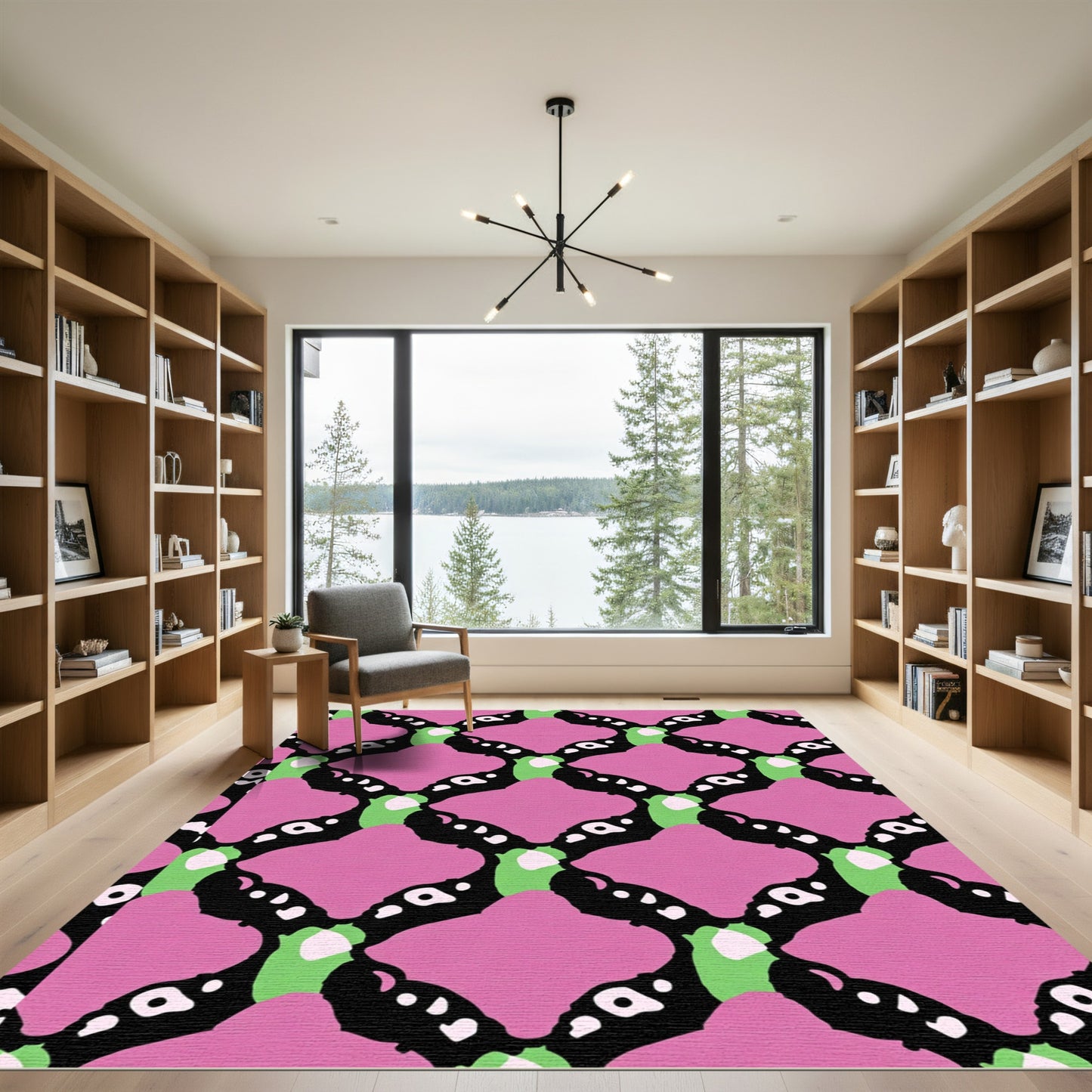 Pink Black Green Diamond Lattice Rug