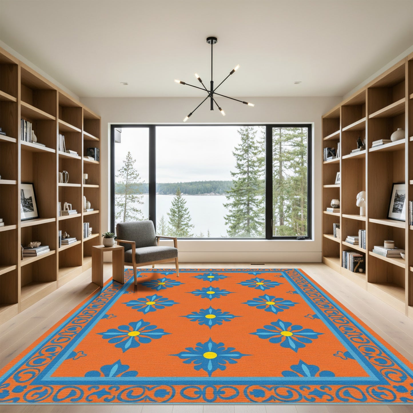 Vibrant Orange Blue Floral Garden Rug