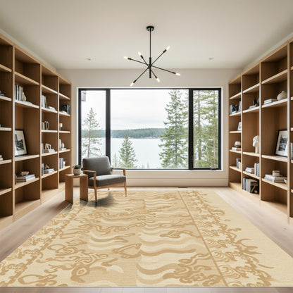 Earthy Tan Wavy Scroll Border Rug