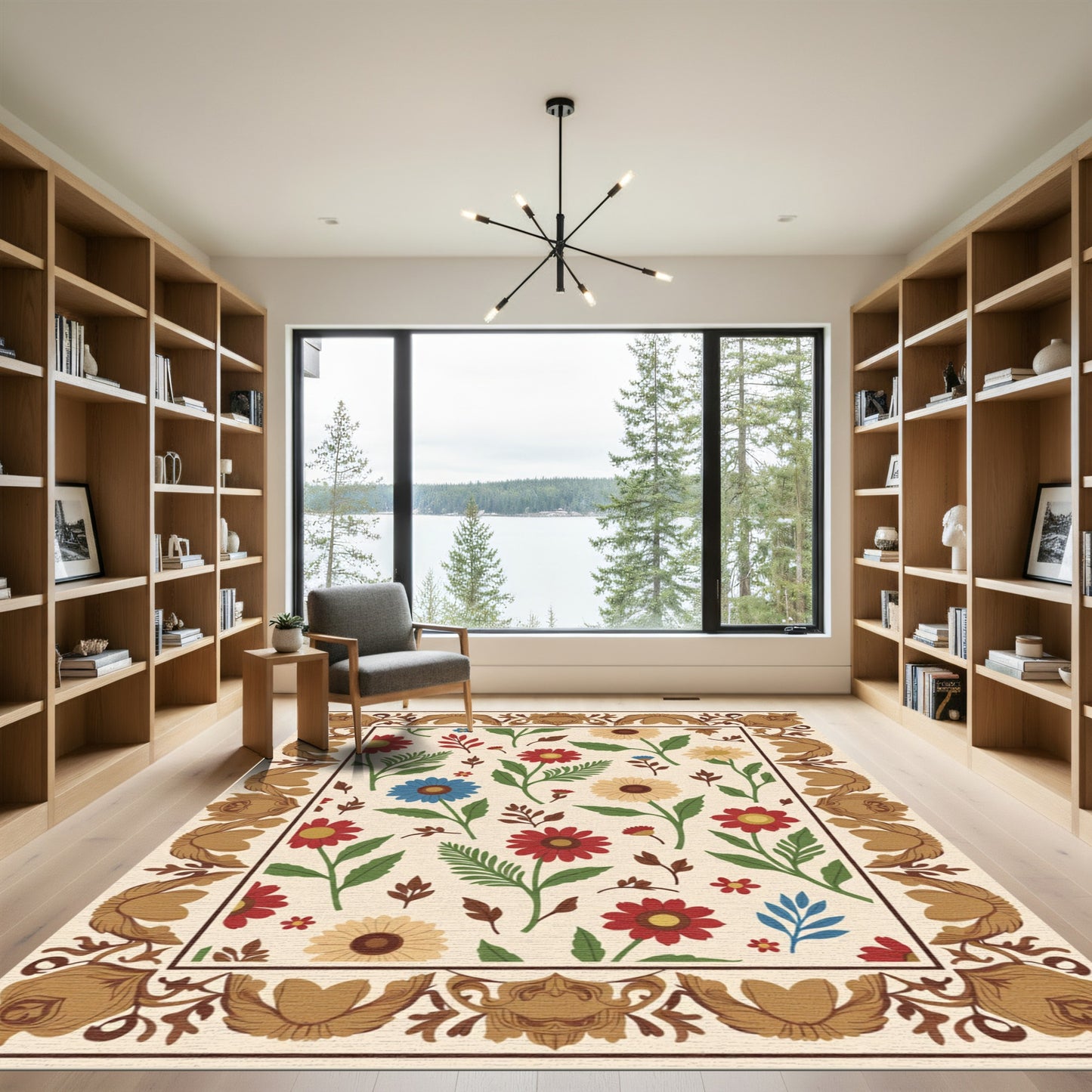 Ecru Floral Border Red Blue Accents Rug