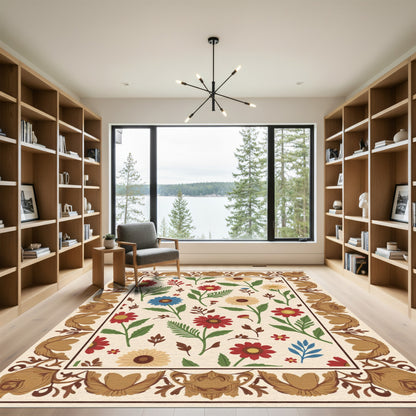 Ecru Floral Border Red Blue Accents Rug