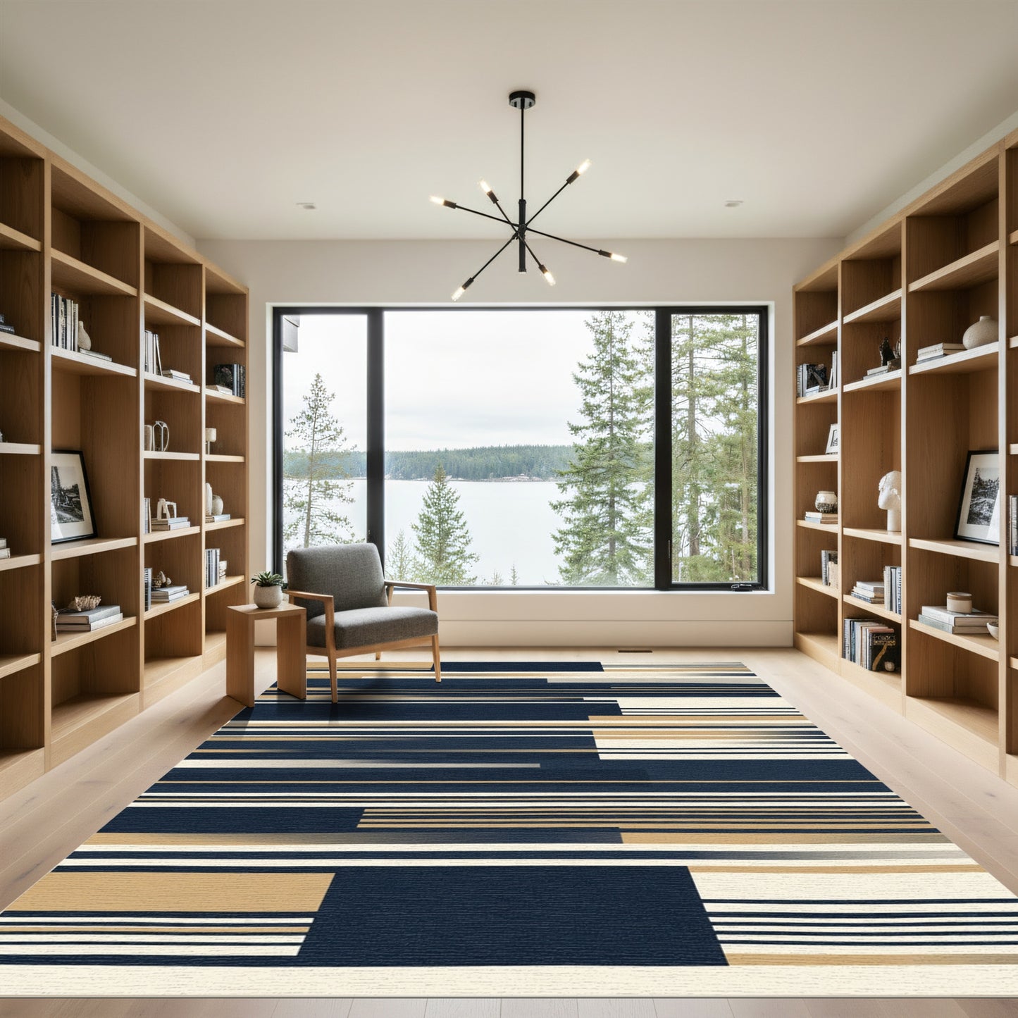 Deep Navy Tan Horizontal Stripe Rectangles Rug