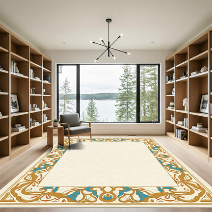 Golden Blue Floral Border Art Nouveau Rug