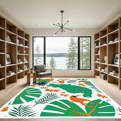 Tropical Orange Birds Green Foliage Butterflies Rug