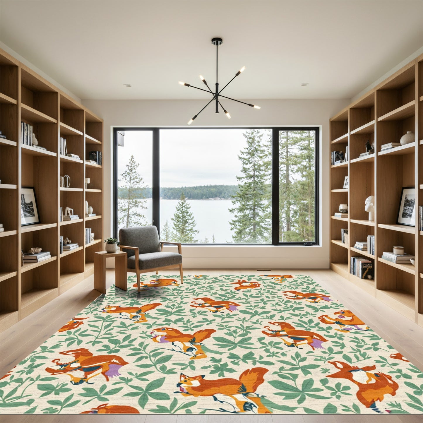 Whimsical Orange Foxes Green Foliage Rug