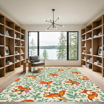 Whimsical Orange Foxes Green Foliage Rug