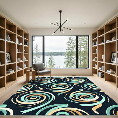 Modern Teal and Gold Swirl Rug