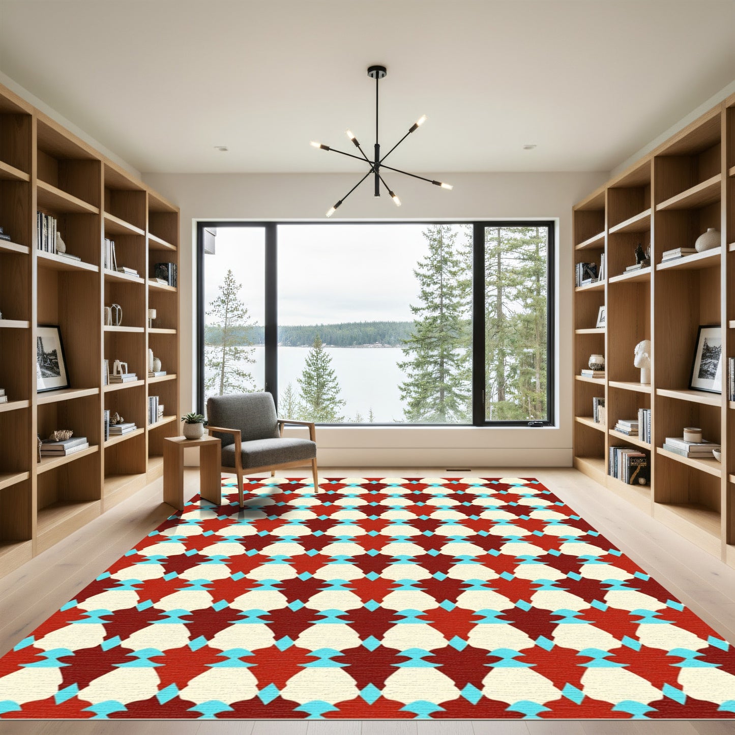 Crimson Teal And Cream Geometric Cascade Rug