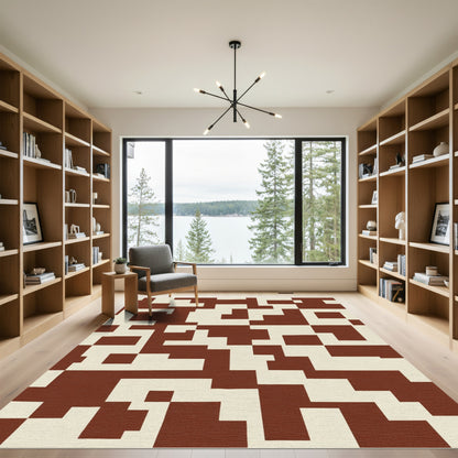 Deep Red Cream Geometric Blocks Rug