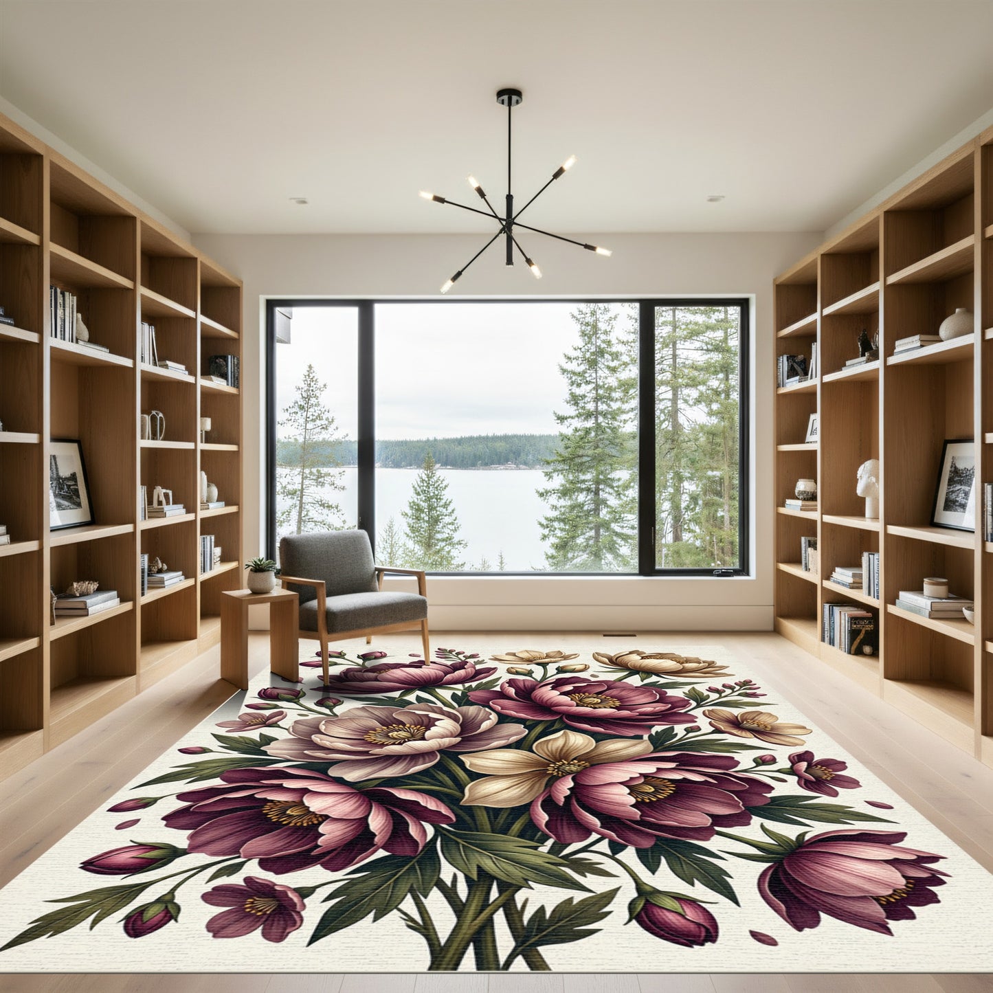 Elegant Burgundy Peony Botanical Bouquet Rug