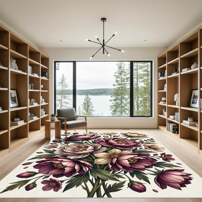 Elegant Burgundy Peony Botanical Bouquet Rug