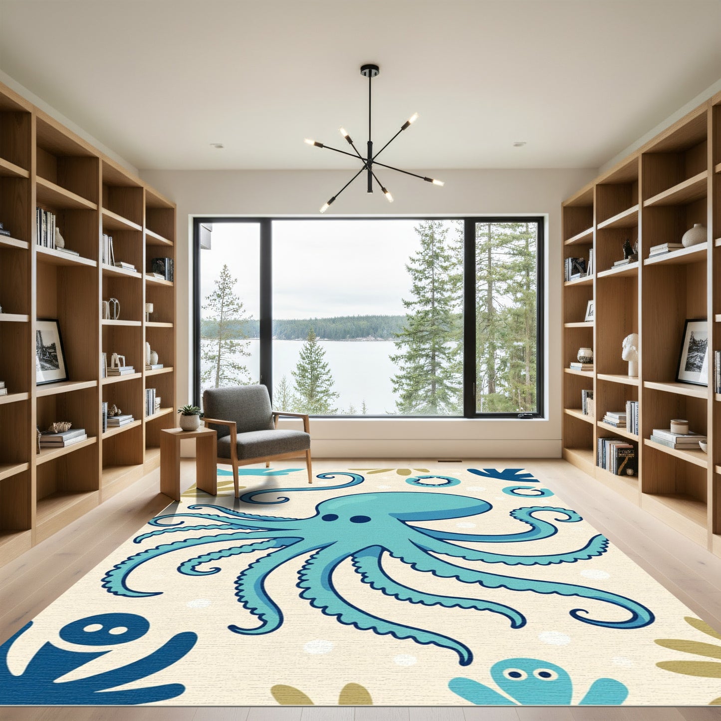 Aqua Playful Octopus Underwater Scene Rug