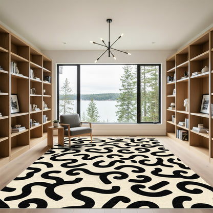 Bold Black Swirls Cream Background Rug