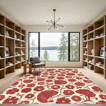 Crimson Floral Vines Cream Background Rug