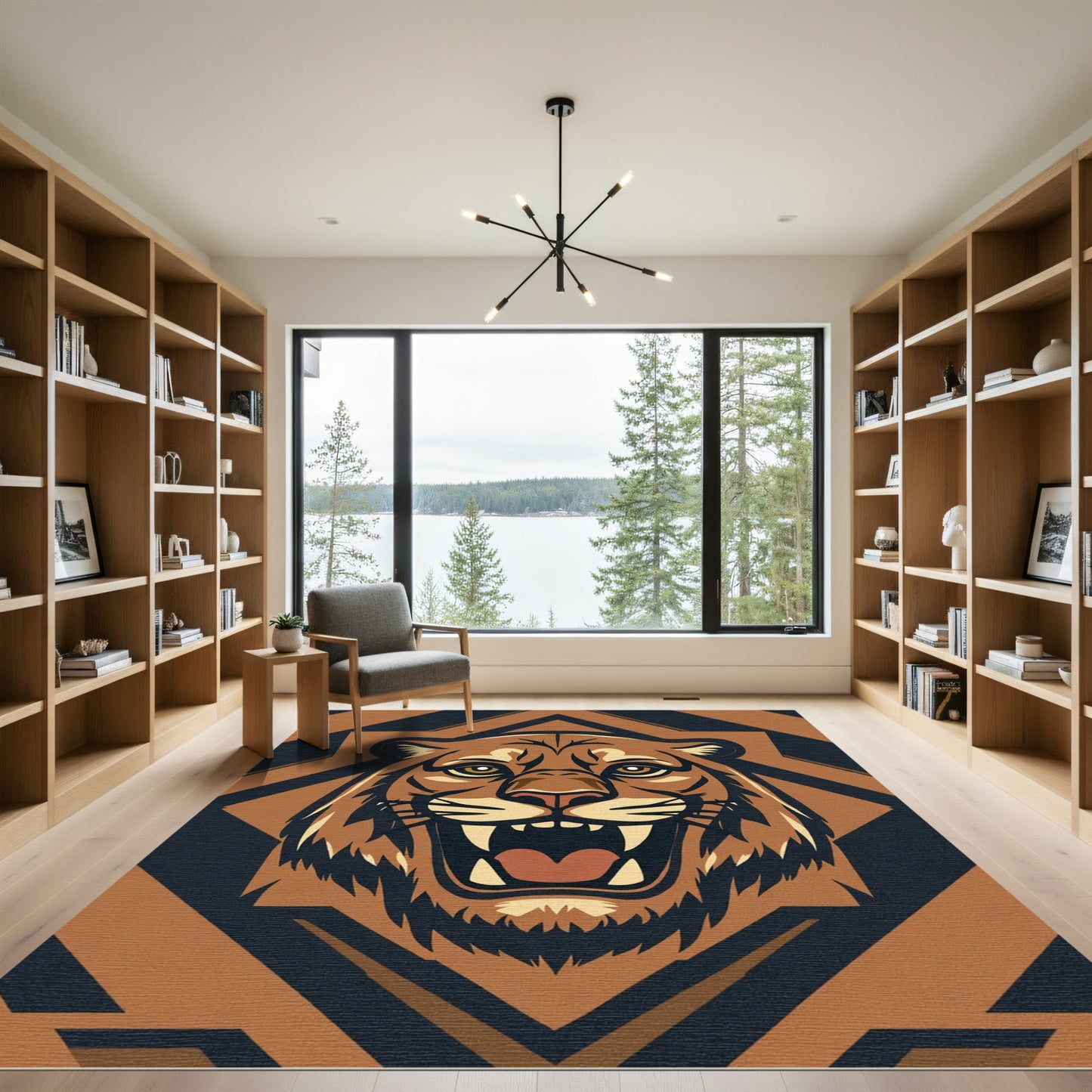 Fierce Tiger Head Geometric Brown Rug