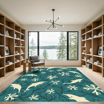 Cream Dolphin Seaweed Teal Rug