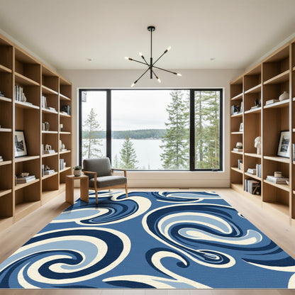 Blue Cream Swirl Abstract Rug