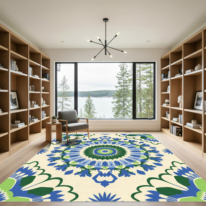 Vibrant Blue Green Floral Medallion Rug
