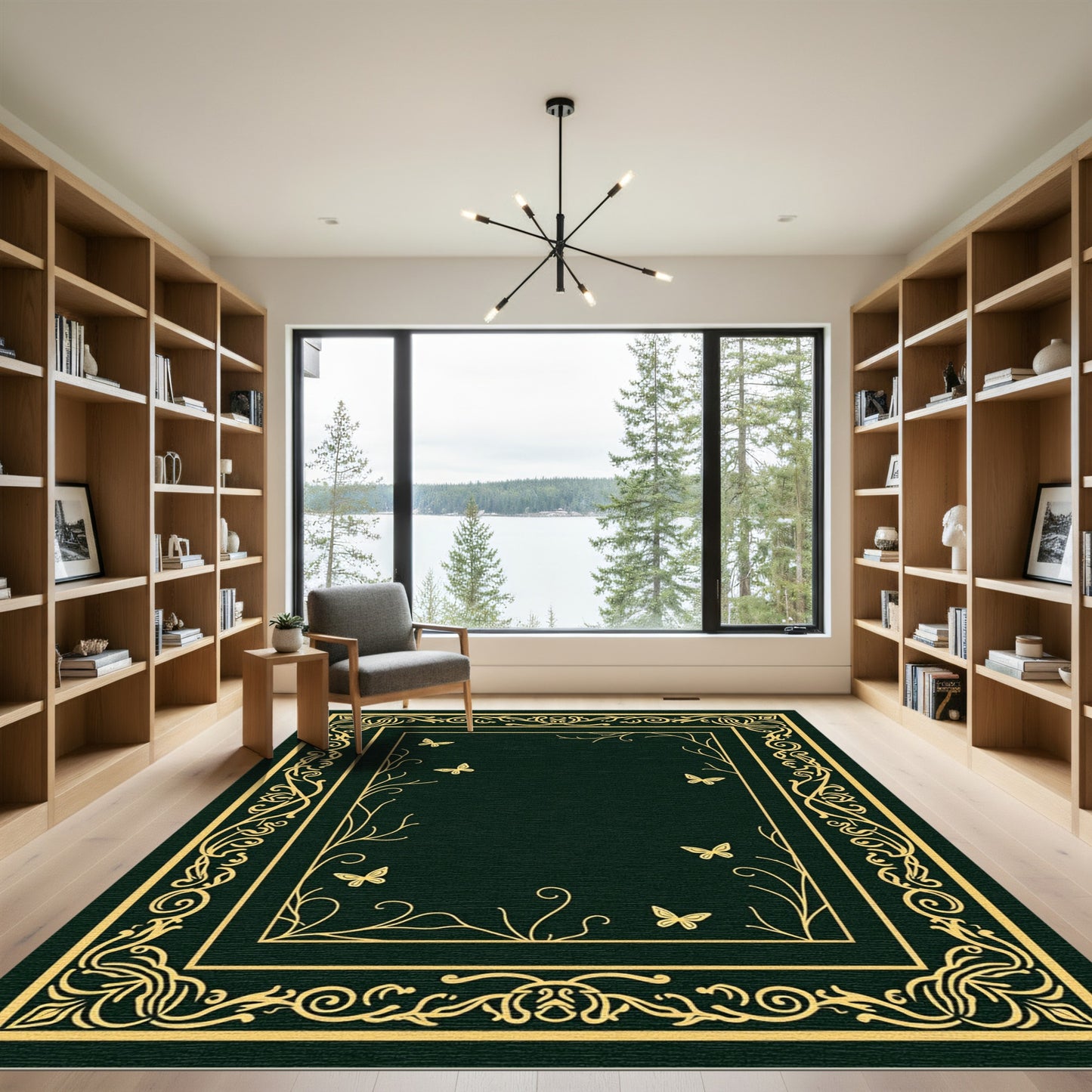 Dark Green Gold Butterfly Garden Frame Rug