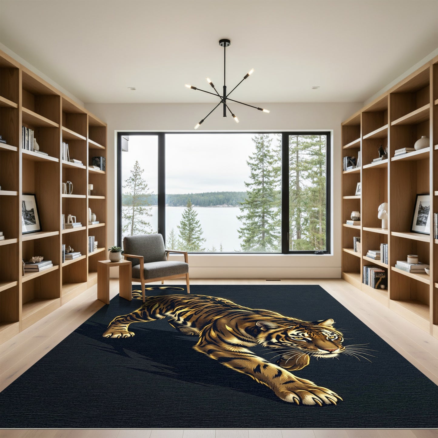 Majestic Golden Prowling Tiger Illustration Rug