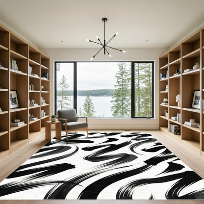 Modern Black and White Abstract Brushstroke Rug