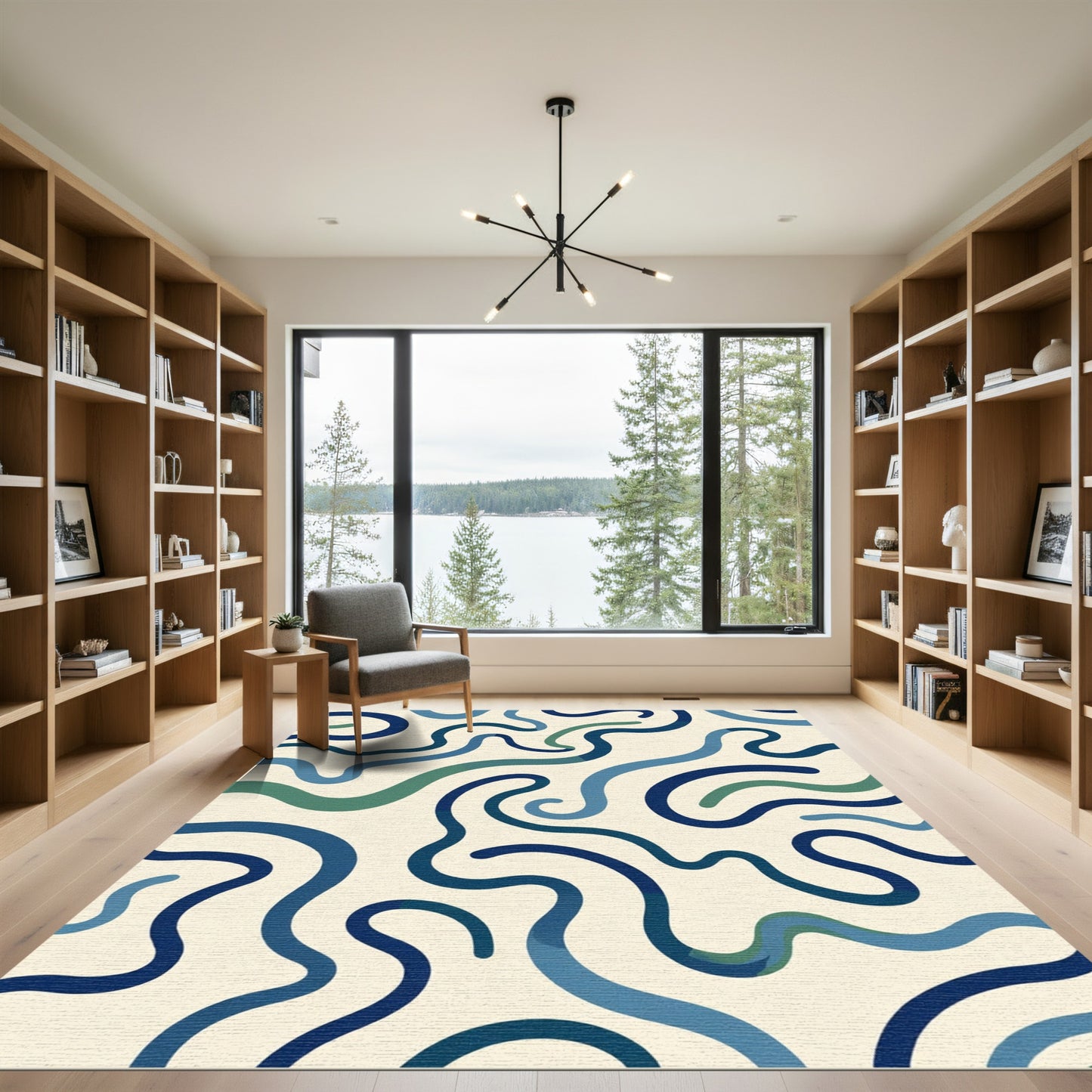 Navy Blue Curving Abstract Lines Rug