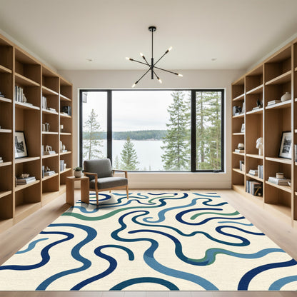 Navy Blue Curving Abstract Lines Rug