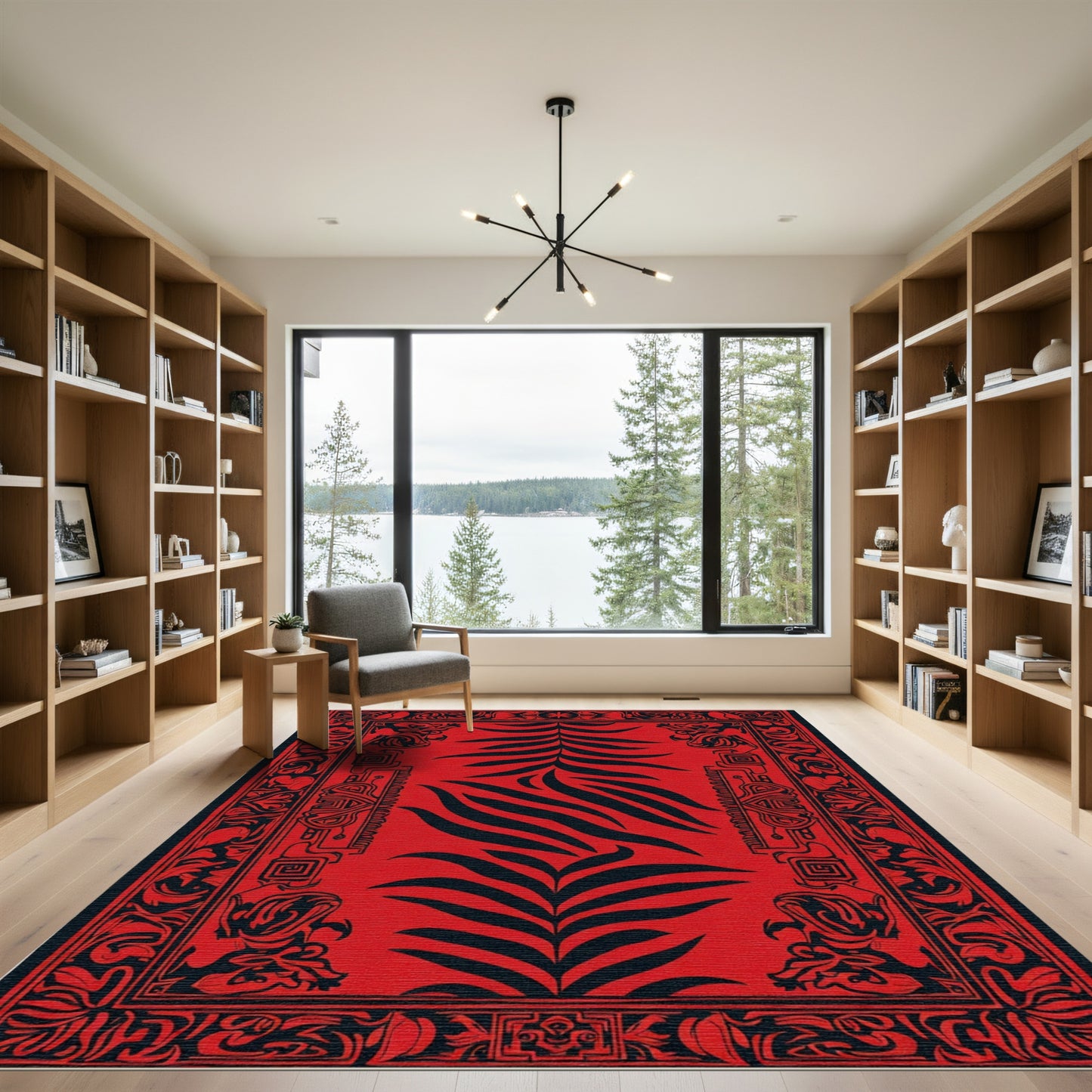Bold Red Tribal Fern Rug